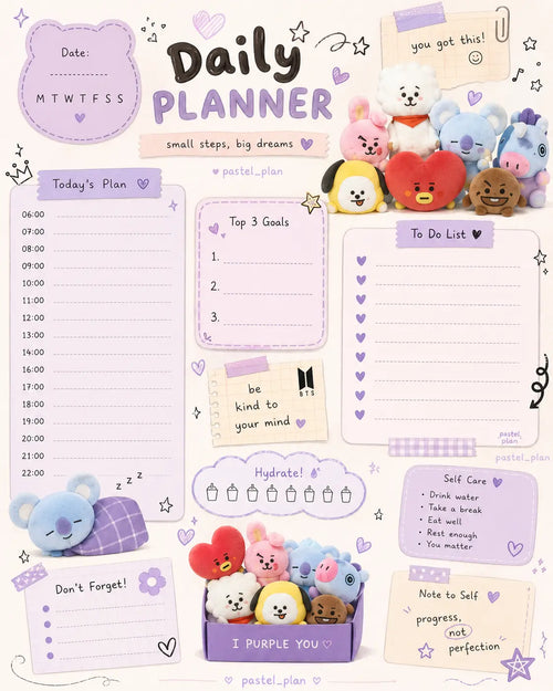 Digital Daily Planner PDF printable template with hourly schedule, to-do list, top goals, self-care tracker, hydration tracker, and cute purple pastel BT21-inspired design.