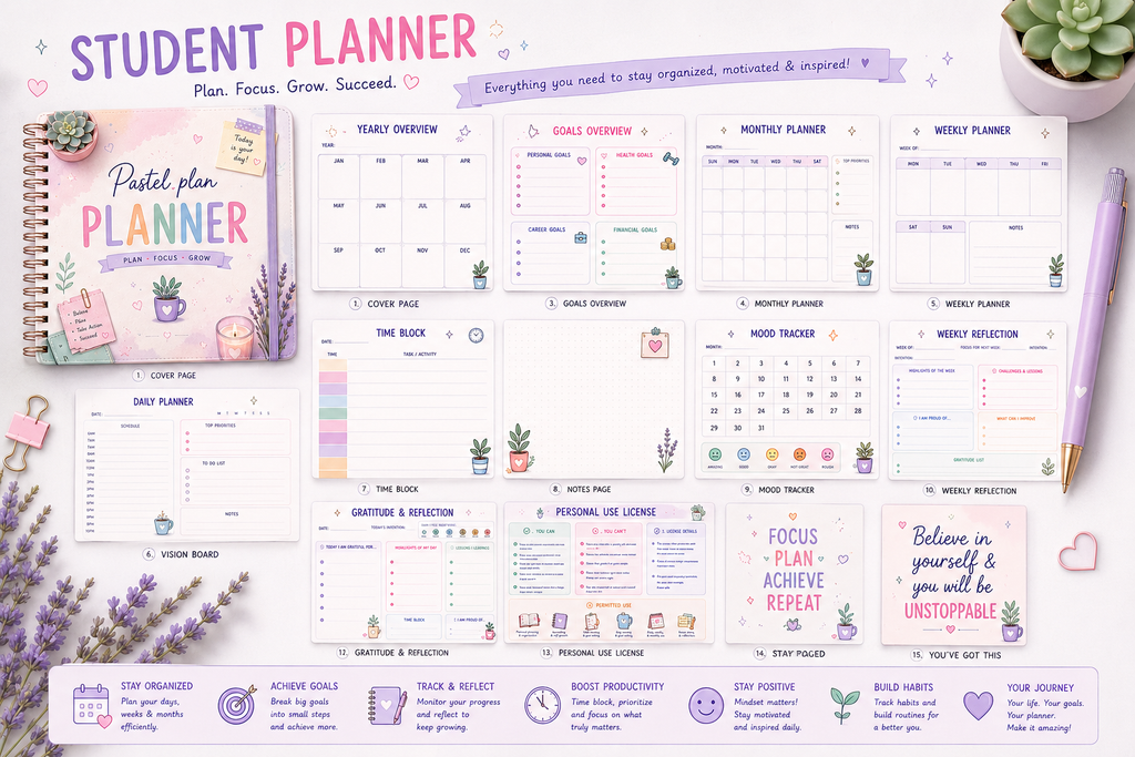 Ultimate Student Planner Bundle | 17 Printable A4 PDF Pages | Digital Academic Planner Pastel_Plan