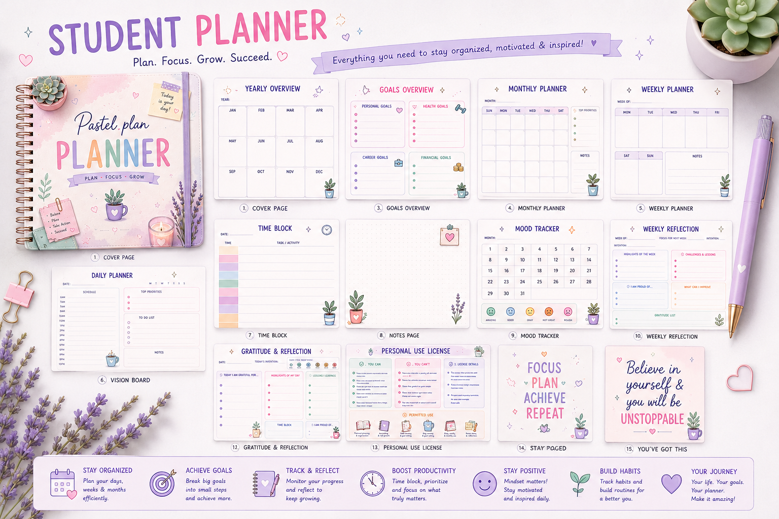 Ultimate Student Planner Bundle | 17 Printable A4 PDF Pages | Digital Academic Planner Pastel_Plan