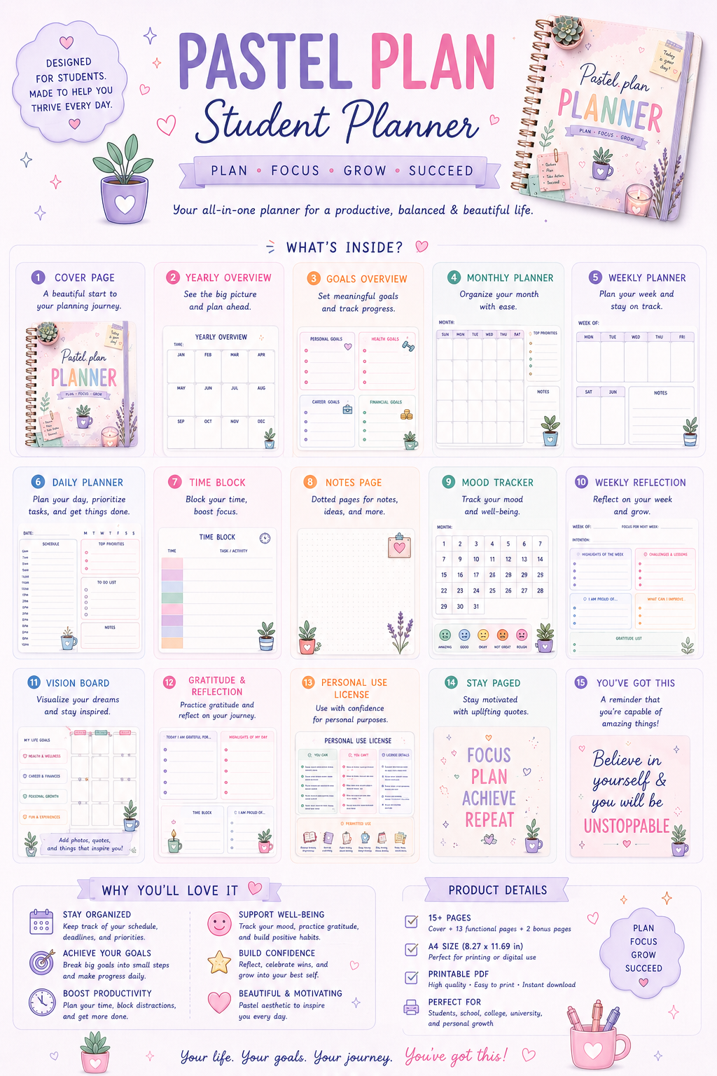 Ultimate Student Planner Bundle | 17 Printable A4 PDF Pages | Digital Academic Planner Pastel_Plan