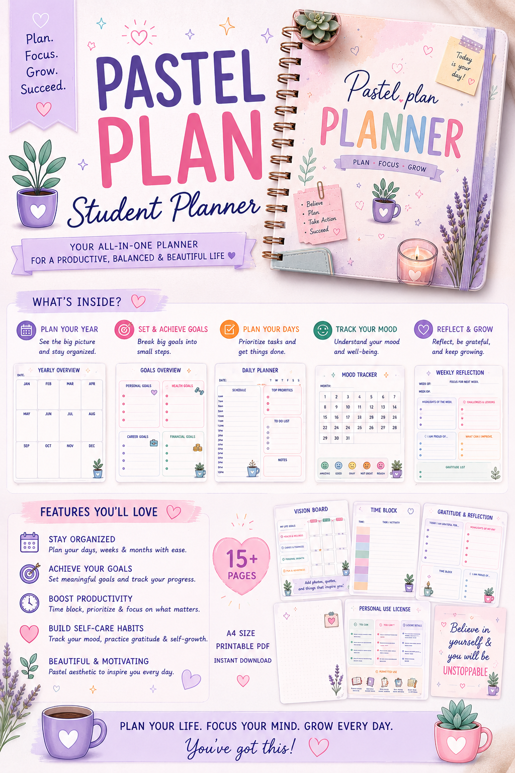 Ultimate Student Planner Bundle | 17 Printable A4 PDF Pages | Digital Academic Planner Pastel_Plan