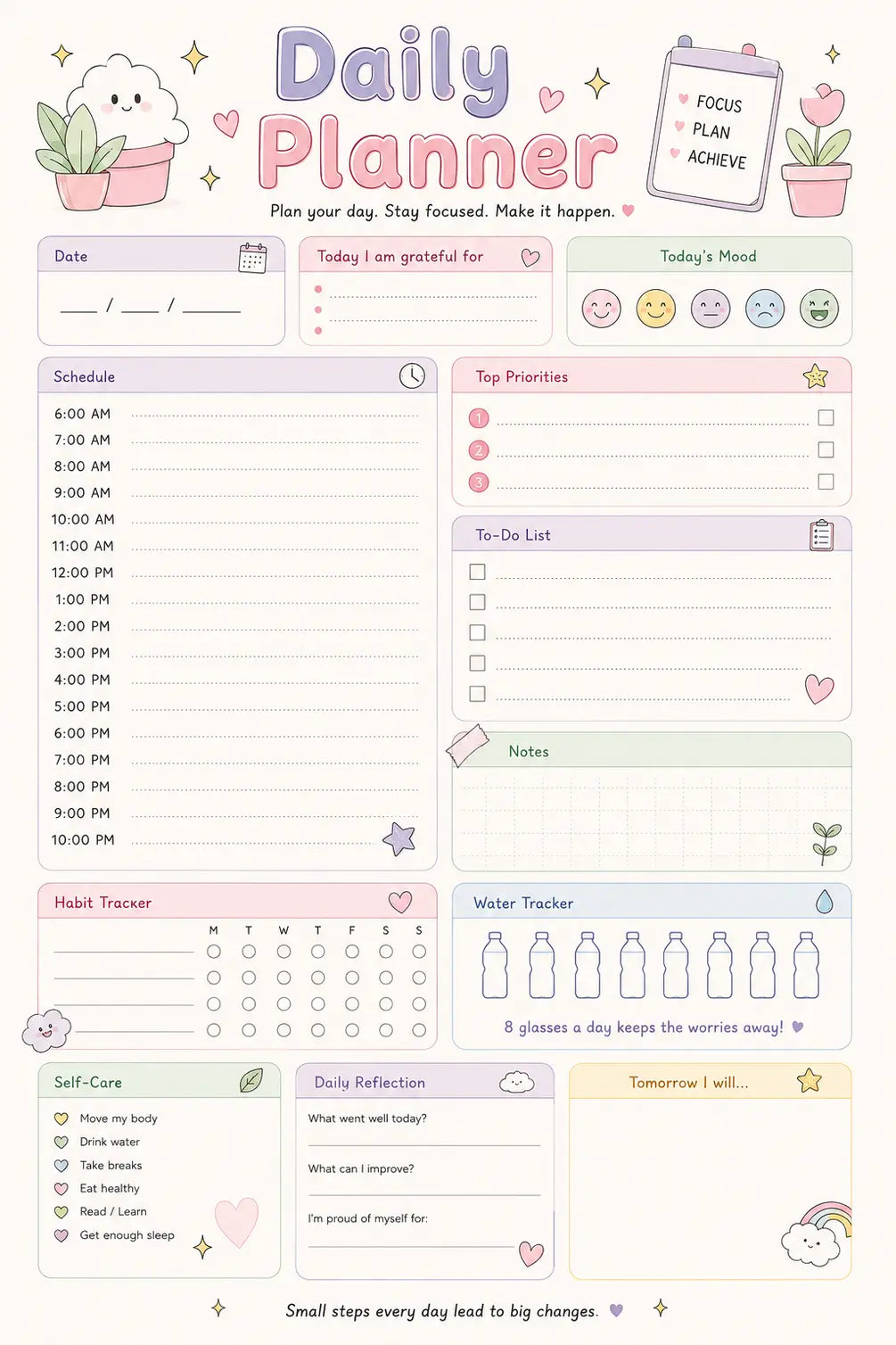Cute Printable Daily Planner PDF | Pastel Plan Digital Download